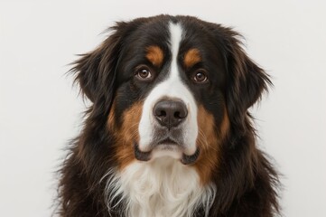 Close-up of a purebred Bernese Mountain Dog against a white backdrop