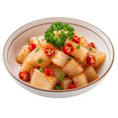 透明背景のボウルに入った、赤唐辛子とハーブを添えた大根のキューブ状料理