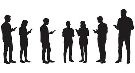 Group of people looking at their phones in a dark silhouette