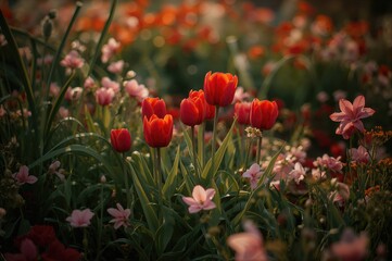 Obraz premium Tiny red tulips blooming in a spring garden with lush green leaves