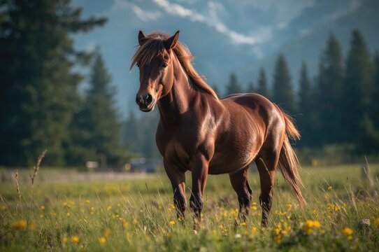Photo of a beautiful Hucul horse in the wild