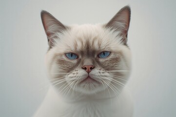 Obraz premium Humorous white feline with striking blue eyes against a plain backdrop. The idea of beloved animals.