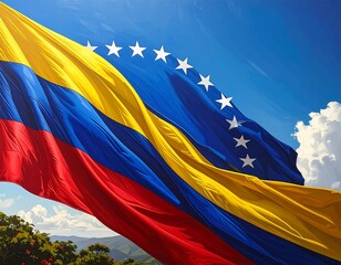 Venezuelan flag waving in a vibrant blue sky