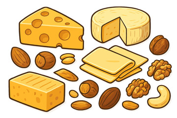 Cheese and nut assortment vector cartoon illustration. Dairy food set with swiss, cheddar, brie cheese, almond, walnut, hazelnut for snacks or appetizer presentations.