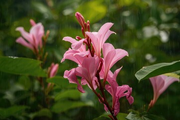 Vibrant pink blossoms amidst lush greenery during the wet season