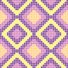 Pink and orange geometric seamless pattern with a retro flower illustration on a textured wool fabric backdrop