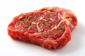Fototapeta premium Top-quality rib eye steak seasoned with herbs, garlic, and pepper on a white backdrop.