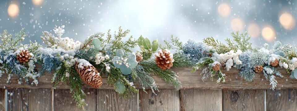 A wreath of pinecones and greenery is hanging on a wooden fence