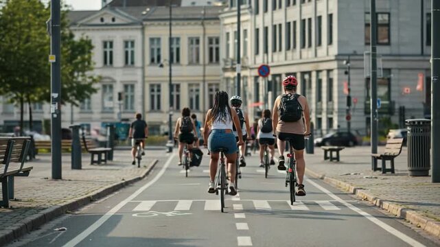 A Group of Cyclists Enjoying a Sunny Day in the City, Riding Together on a Designated Bike Lane Surrounded by Urban Architecture and Greenery