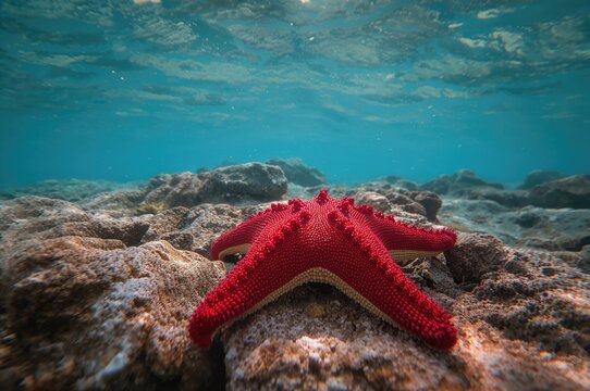 Red starfish resting on rocky surfaces beneath the sea in summertime. Close-up, horizontal view.