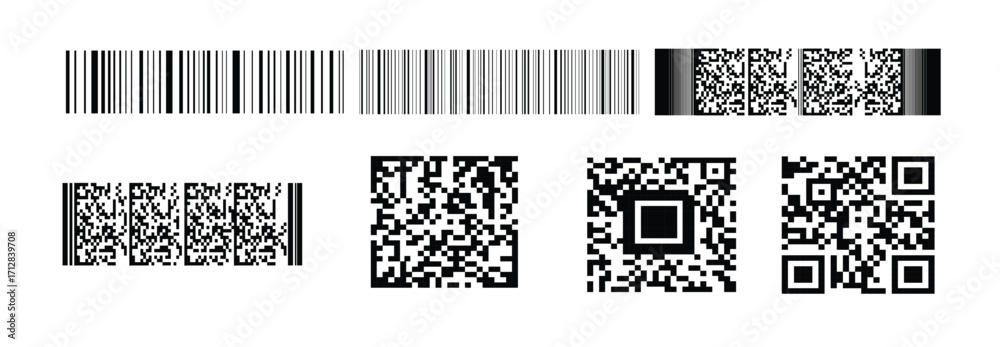 Wall mural qr code scan icons set, qr code black icon set isolated on transparent background. digital bar codes