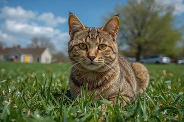 Close-up of a tabby cat basking in sunlight outside