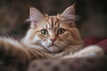 Domestic feline resting and seeking affection, adorable and charming pet animal