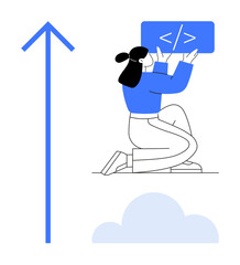 Software developer kneeling, holding a coding sign near a cloud and upward arrow. Ideal for innovation, coding, growth, cloud computing, web design, teamwork, progress simple landing page