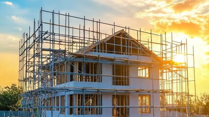 Construction project shows sunset glow over building site with scaffolding and bustling activity