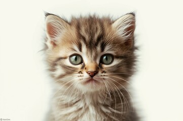Close-up of a small fluffy kitten against a white backdrop