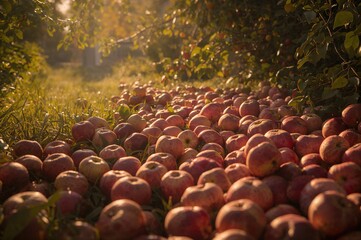 Obraz premium Numerous red apples scattered across the ground in a sunny autumn garden