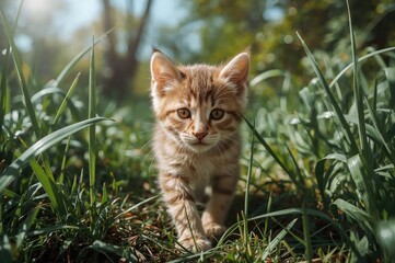 Obraz premium Close-up of a small stray kitten exploring the outdoors, furry animal