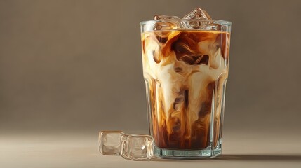 refreshing layered iced coffee with creamy milk and ice cubes in a tall faceted glass