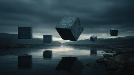 floating cubes over water landscape surreal mysterious dark nature wallpaper background image for desktop
