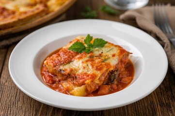 Slice of traditional layered eggplant casserole on a wooden board