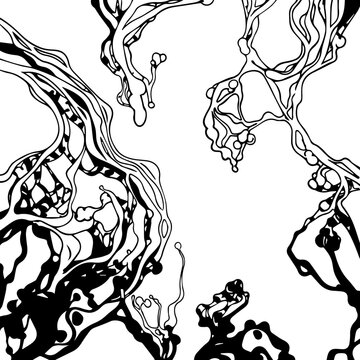 Dynamic black and white abstract illustration featuring organic flowing lines drips and intricate branching patterns.