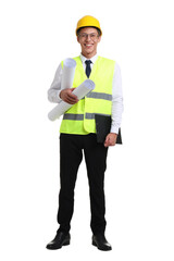 Young engineer in hard hat and reflective vest with drafts on white background