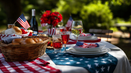 Family picnic on Memorial Day with patriotic decorations and flags.