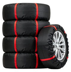 Obraz premium a stack of car tires with covers and red straps.