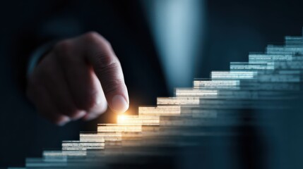 businessman s finger touching glowing digital stairs representing career growth and success