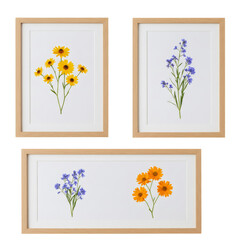 木製フレーム入りフラワーアレンジメント 白い背景に黄色と青とオレンジの花 透明な背景