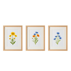 三つの花の刺繍フレームディスプレイ 鮮やかな黄色と青とオレンジの花と緑の葉 白い背景に 木製フレーム 芸術的な装飾