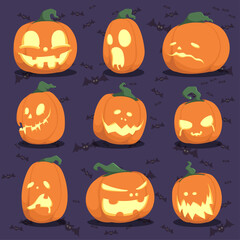 Cute Halloween pumpkins with carved faces and flying bats vector illustration
