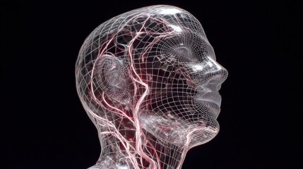 Obraz premium floating head with glowing wires and grid reflections