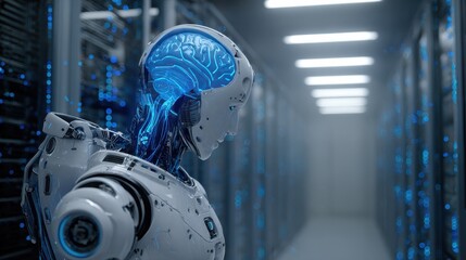 futuristic artificial intelligence robot with glowing blue brain and data streams in a digital server room