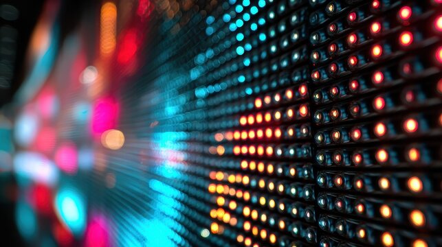 a close up view of an led screen displaying vibrant colors and creating a bokeh effect background