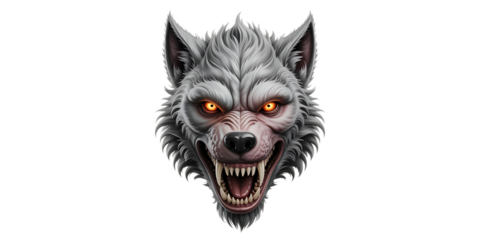 Fierce werewolf snarling with glowing orange eyes, ready to strike with sharp teeth exposed