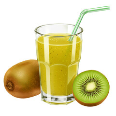 透明グラスのキウイジュースと完熟キウイの実 カットされたキウイと背景なしのストロー 美味しい健康ドリンクのクローズアップ