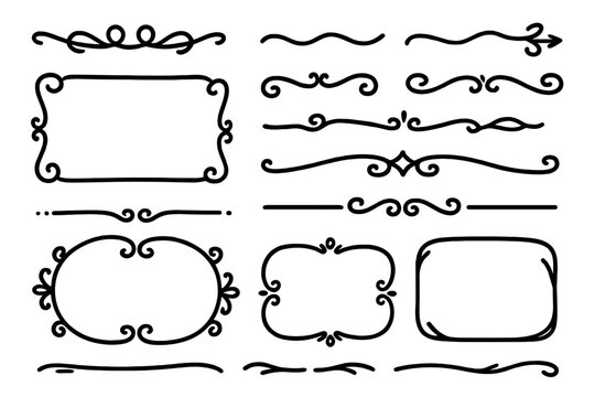 Hand-drawn doodle frames and text dividers set. Collection of vintage calligraphic lines, borders and sketch ornaments. Decorative swirls, flourishes for invitation design.