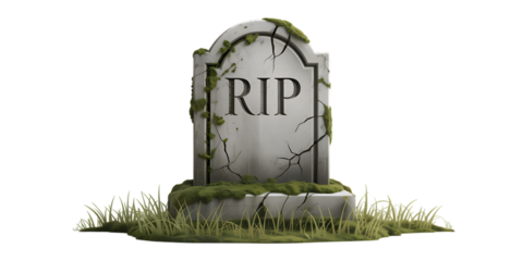 Ancient moss-covered RIP tombstone with cracked stone and wild grass evokes solemnity and remembrance