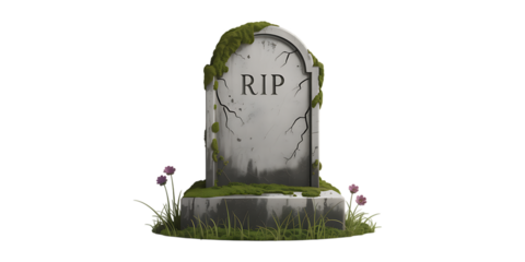 Weathered RIP tombstone with moss and flowers symbolizes end and remembrance.