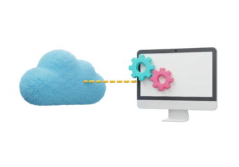 Isolated fluffy cloud icon connecting to computer with gears depicting sync and setup