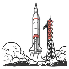 A powerful rocket launches from a launchpad amidst billowing clouds of smoke and fire