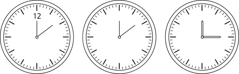 Analog Clock Vector Icons, Different Times Display, Time Progression Concept, Minimal Black Silhouettes, Educational and Productivity Symbol