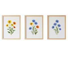 三つの花のアートフレーム 透明背景に色とりどりの手描きブーケの装飾的なコレクション