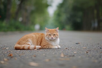 Calm tricolor feline lying on a pathway in a park with a gentle blur
