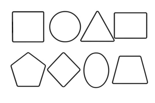 Geometric shapes vector icon set. Basic minimal outline collection for math education. Flat symbol illustration of square, circle, triangle, rectangle, pentagon, and oval.