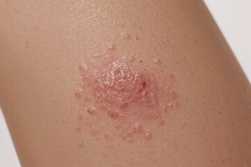 Fototapeta premium Leg joint covered with raised bumps, rash, insect bites, and pox-like lesions