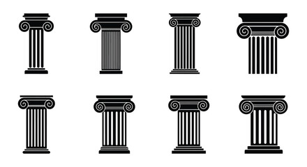 Ancient greek columns in a set classic architectural design silhouette
