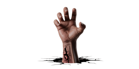Struggling hand breaking through cracked earth, symbolizing crisis, desperation, and the fight for survival.